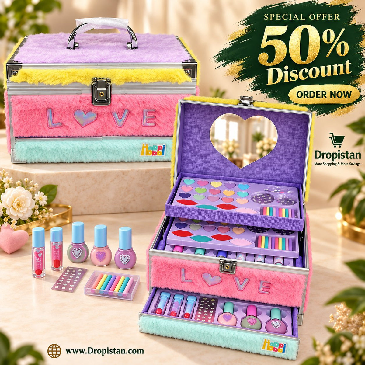 Premium kids makeup vanity case set with heart mirror and colorful beauty kit