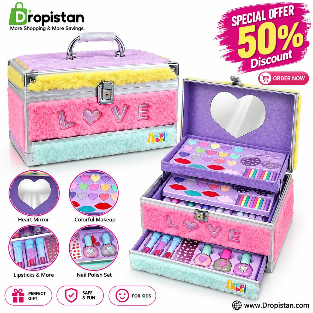 Kids makeup vanity case set with heart mirror and colorful accessories - special offer