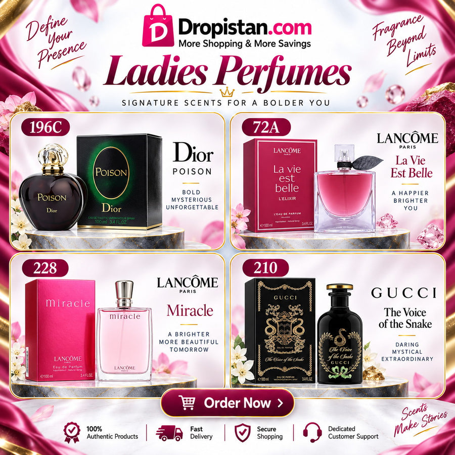 Ladies Perfume Combo Deal UAE – Dior Poison, Lancôme La Vie Est Belle L'Elixir, Lancôme Miracle & Gucci The Voice of the Snake | 4-Piece Set