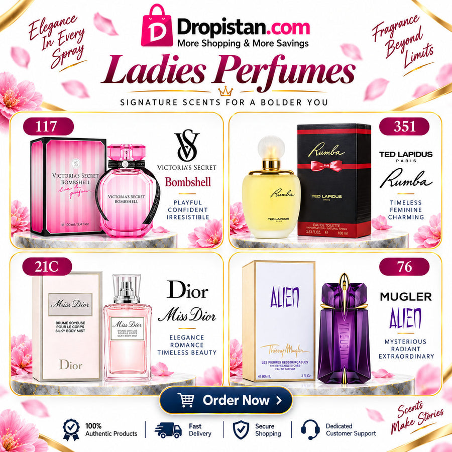 Ladies Perfume Combo Deal UAE – Victoria's Secret Bombshell, Ted Lapidus Rumba, Miss Dior & Mugler Alien | 4-Piece Fragrance Set