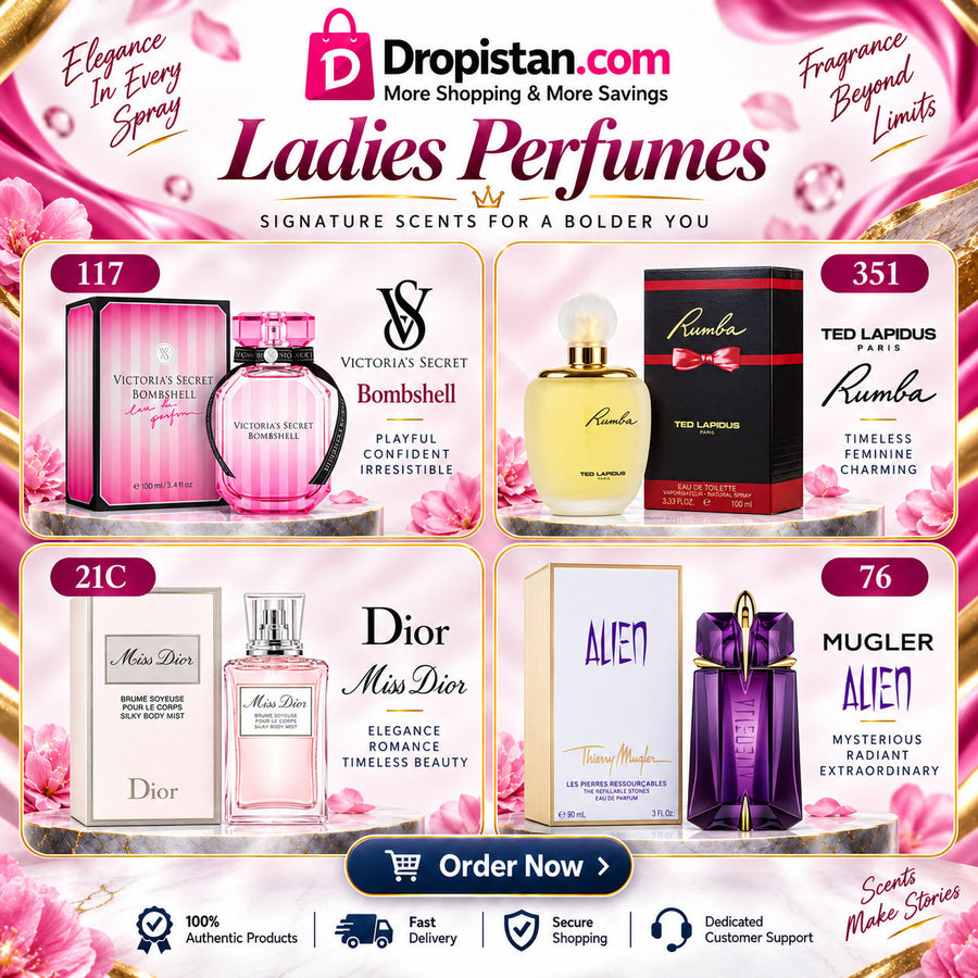 Ladies Perfume Combo Deal UAE – Victoria's Secret Bombshell, Ted Lapidus Rumba, Miss Dior & Mugler Alien | 4-Piece Fragrance Set