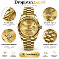 Luxury gold day-date wrist watch with fluted bezel and feature highlights