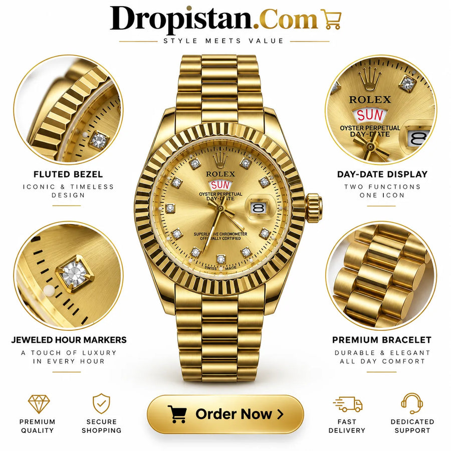 Luxury Gold Day-Date Wrist Watch – Classic Fluted Bezel Style ⌚✨