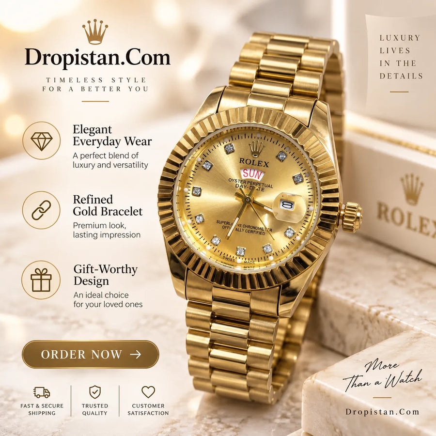 Luxury Gold Day-Date Wrist Watch – Classic Fluted Bezel Style ⌚✨
