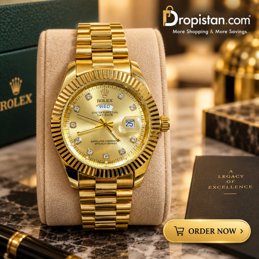 Luxury Gold Day-Date Watch with Crystal-Style Hour Markers ✨⌚
