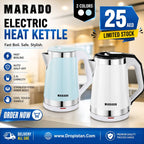 Two Marado electric heat kettles shown on a kitchen counter: one light blue and one white, with promotional text including '25 AED LIMITED STOCK' and 'ORDER NOW'.