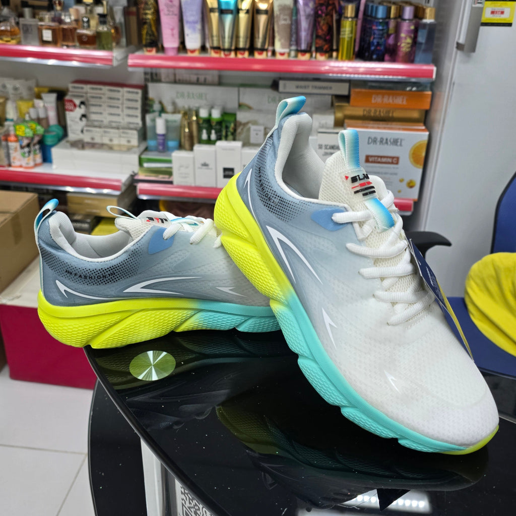 Men’s Lightweight Running Sneakers – White Grey with Neon Sole