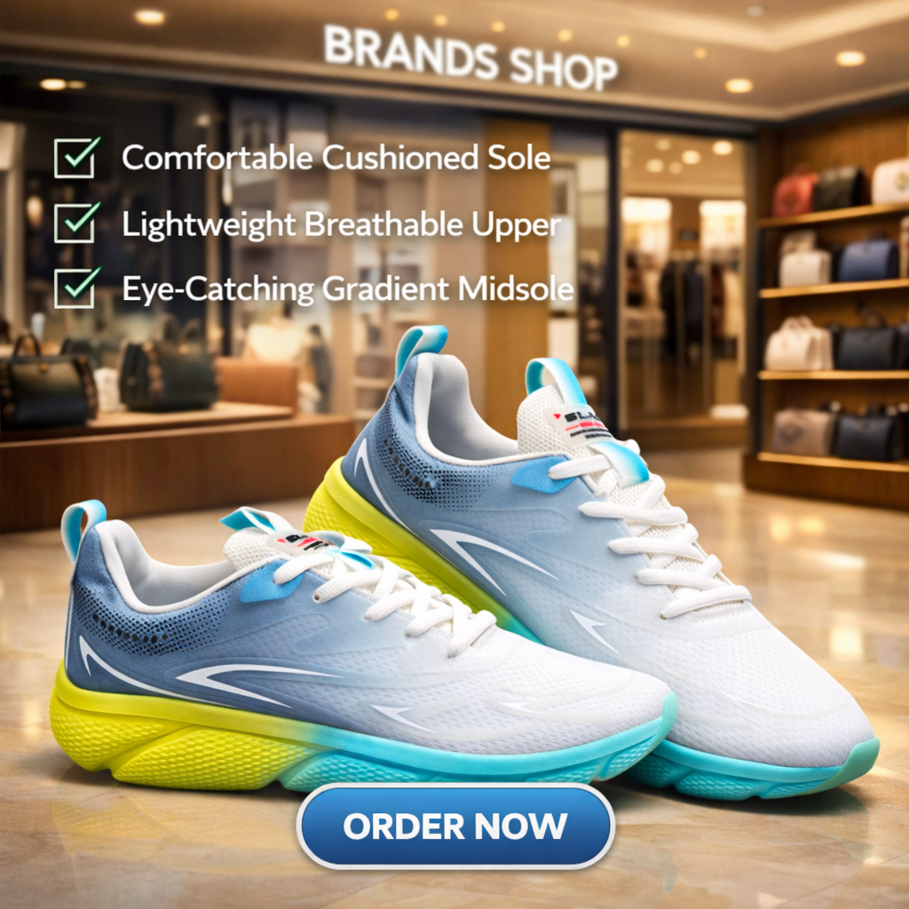 Men’s Lightweight Running Sneakers – White Grey with Neon Sole