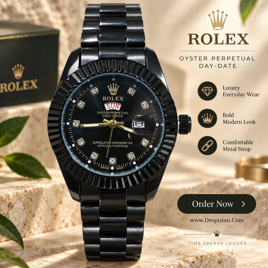 Luxury Black Metal Day-Date Watch – Black Dial