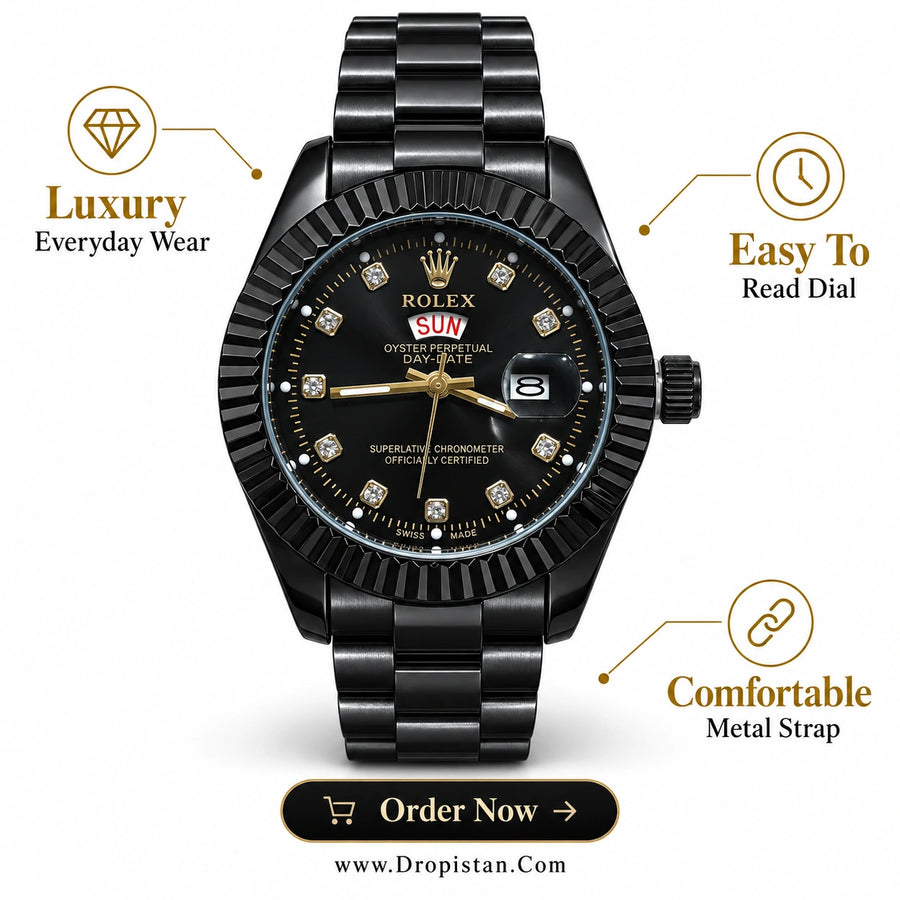 Luxury Black Metal Day-Date Watch – Black Dial