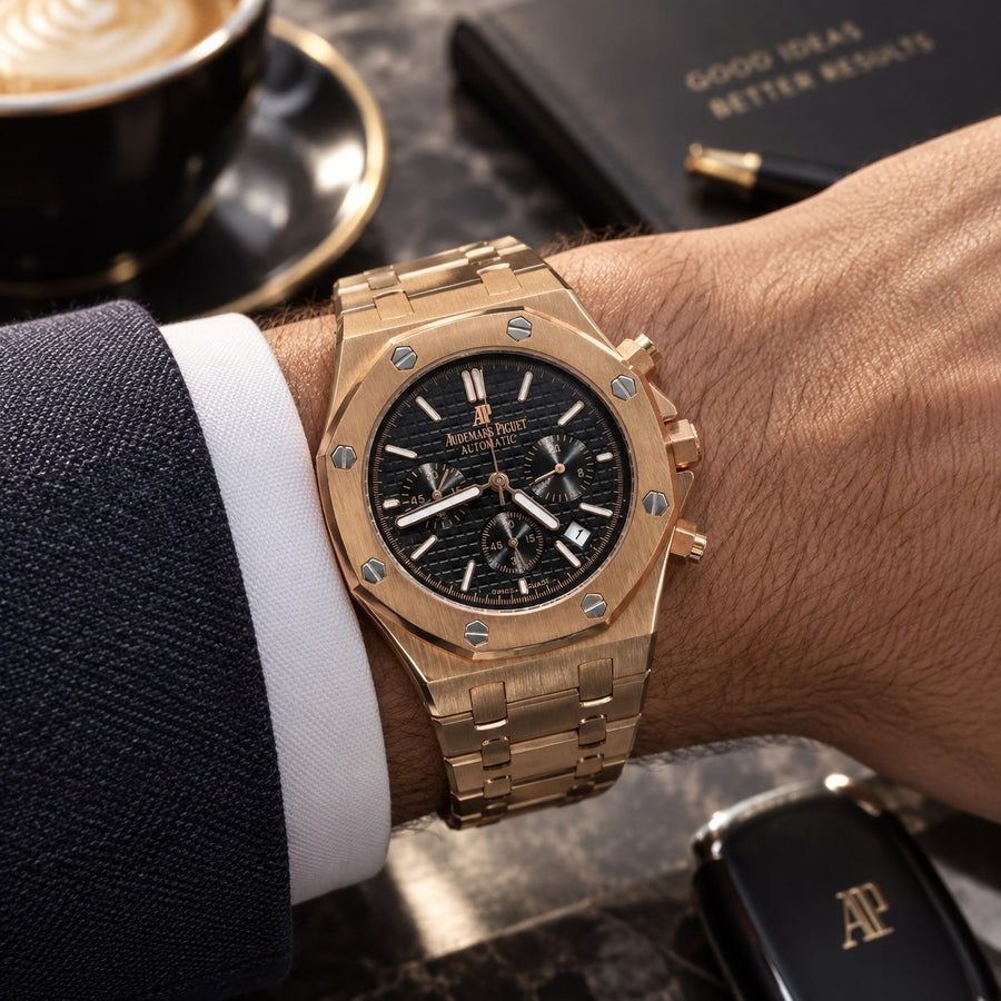 Rose Gold-Tone Automatic Chronograph Watch – Black Dial | Luxury Men's Watch