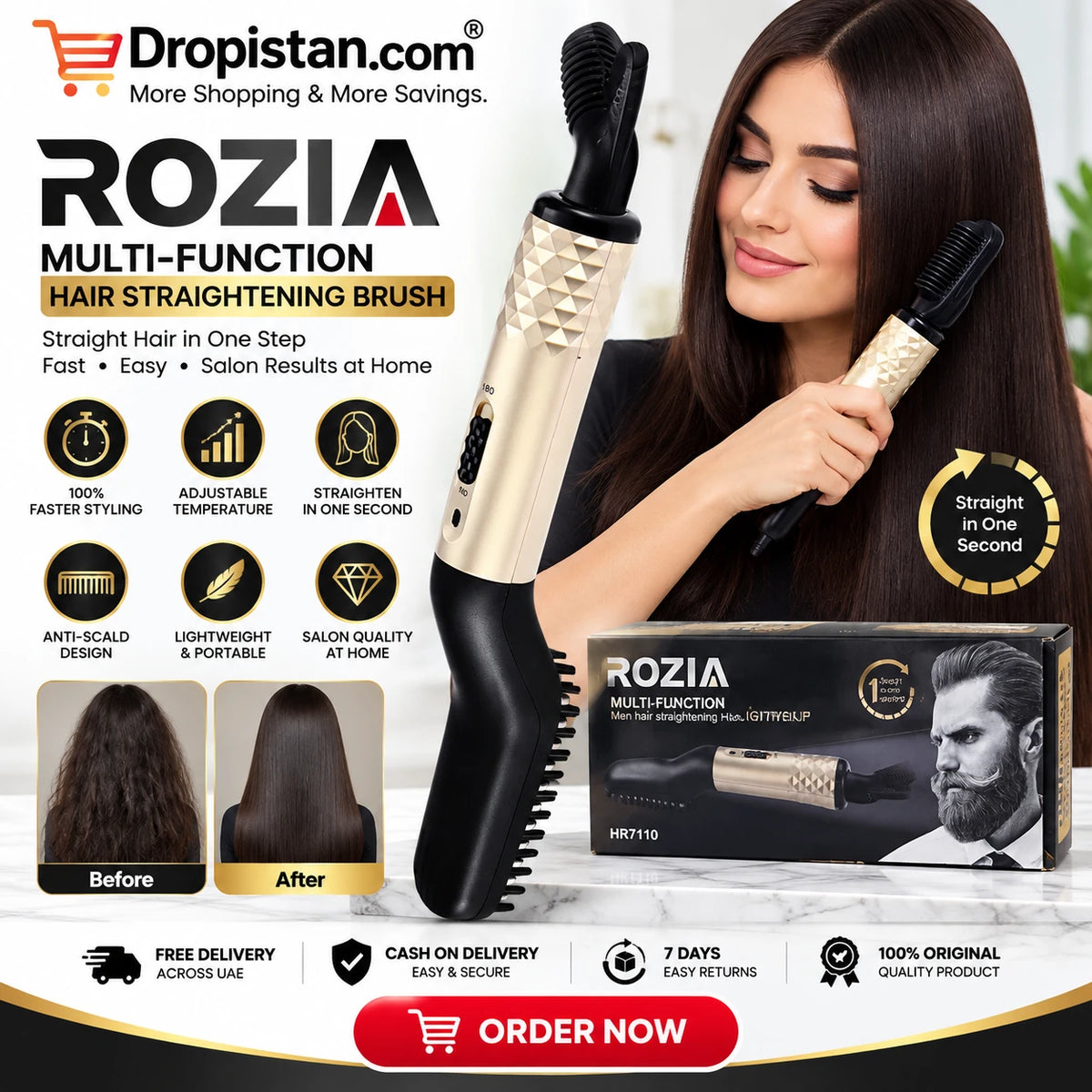 ROZIA HR7110 multifunction hair straightening brush product features and styling demonstration