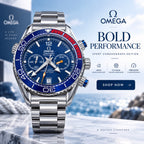 Silver blue chronograph-style watch in premium ocean lifestyle presentation