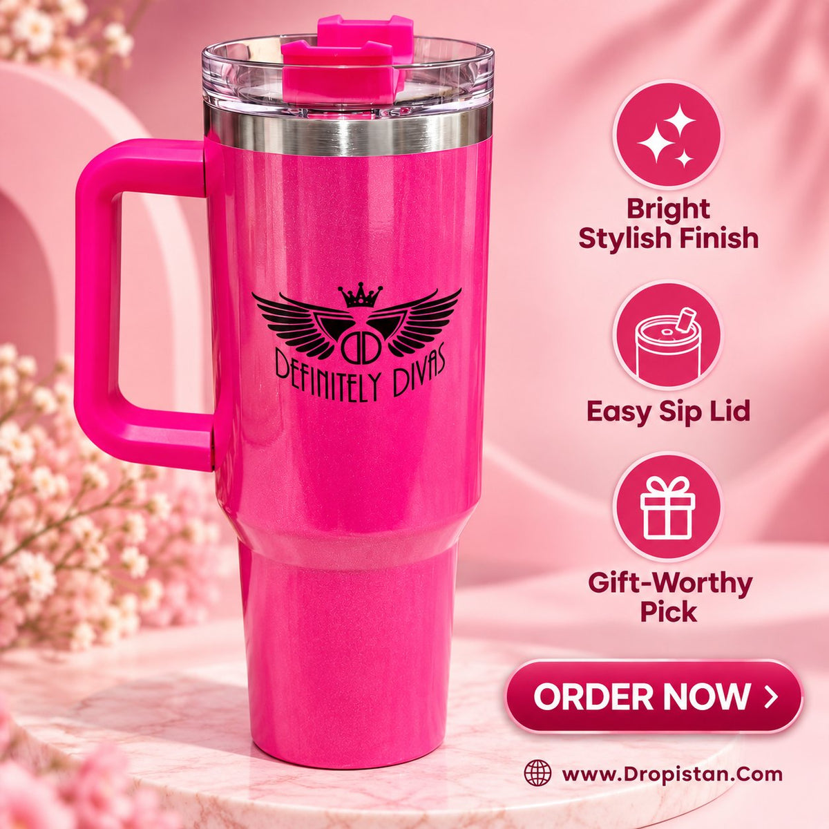 Pink Definitely Divas insulated travel tumbler design E0016