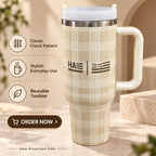 Beige check pattern insulated travel tumbler design E0020