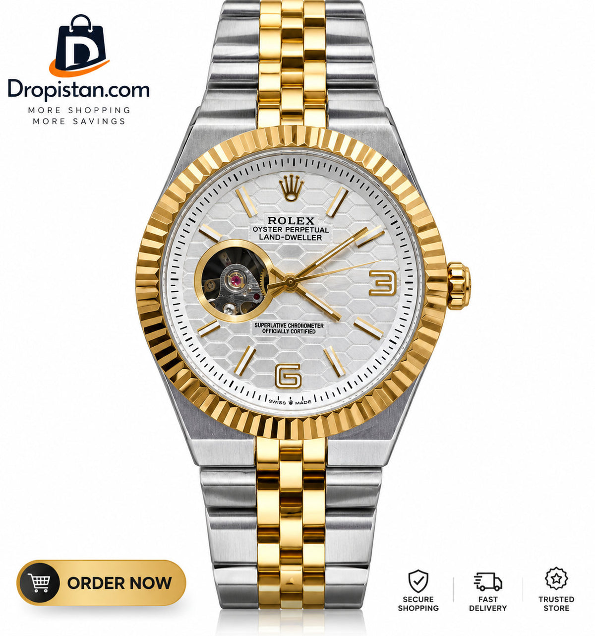 Two-tone silver and gold open-heart luxury watch with white textured dial front view