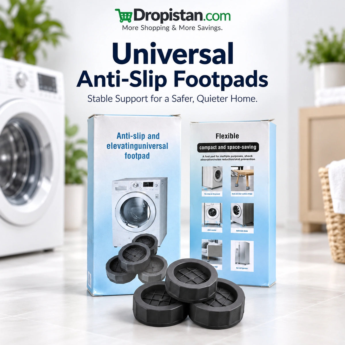 Universal anti-slip footpads for washing machine and household appliances with clean home setup