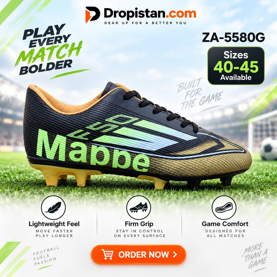 ⚽ ZA-5580G Black Gold Football Turf Shoes | EU Sizes 40–45 | UAE