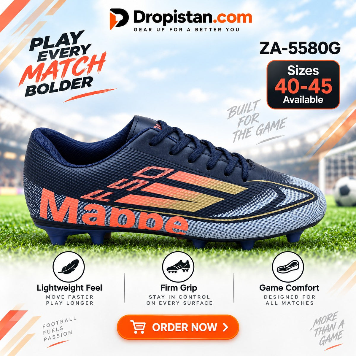 ZA-5580G Navy Orange Gold football turf shoes clean Shopify product image - Dropistan UAE