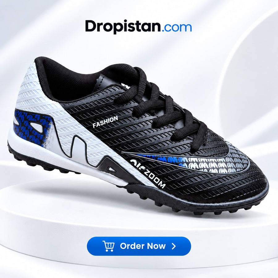 ⚽ ZA-5622 Black White Blue Football Turf Shoes | EU Sizes 40–45 | UAE