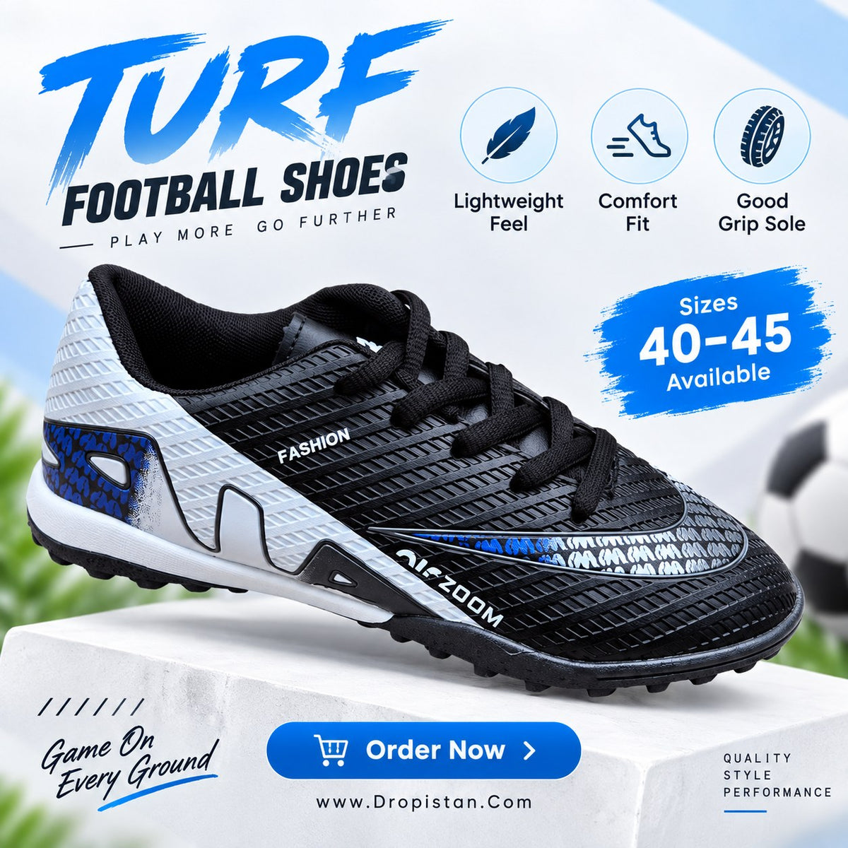 ZA-5622 Black White Blue football turf shoes colorful product design - Dropistan UAE