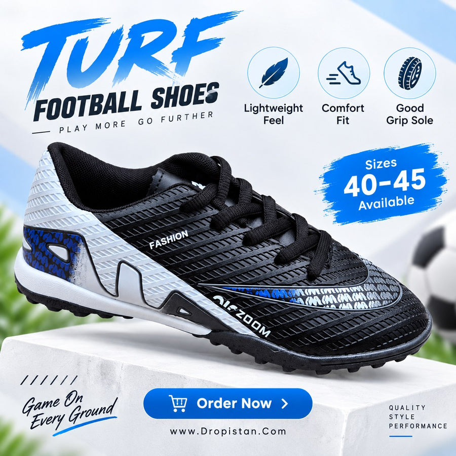 ⚽ ZA-5622 Black White Blue Football Turf Shoes | EU Sizes 40–45 | UAE
