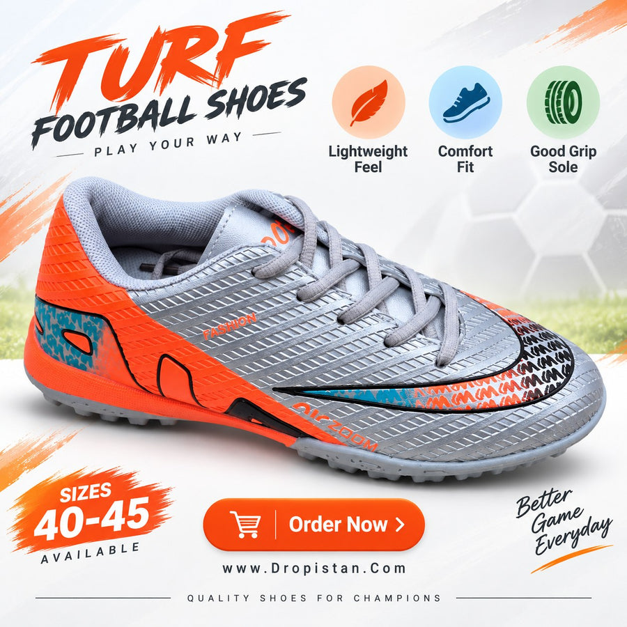 ⚽ ZA-5622 Silver Orange Football Turf Shoes | EU Sizes 40–45 | UAE