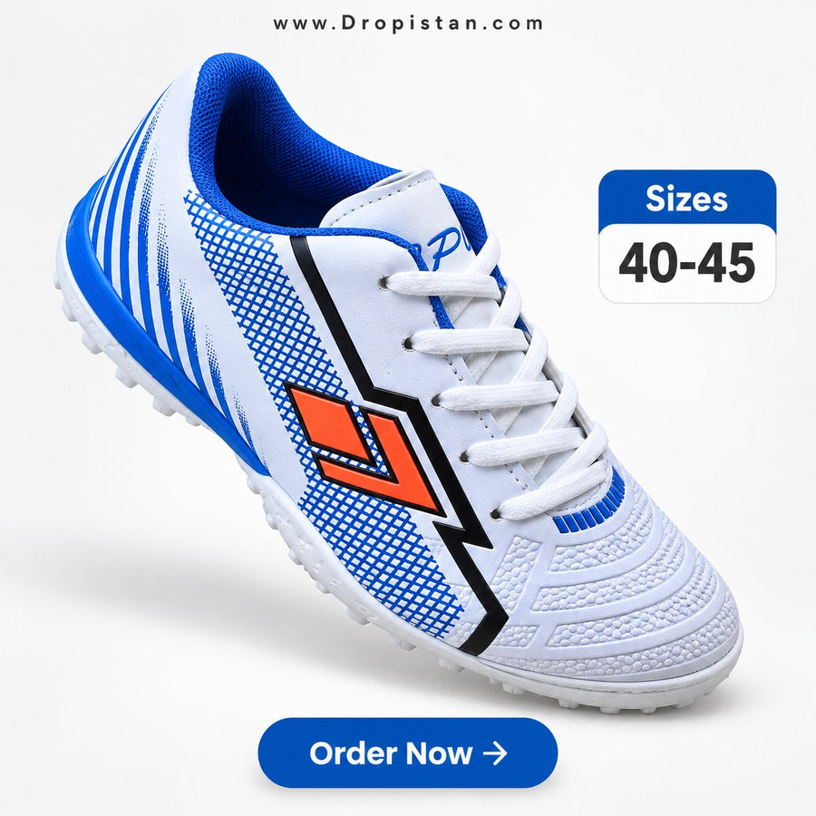 ⚽ ZA-5623 White Blue Orange Football Turf Shoes | EU Sizes 40–45 | UAE