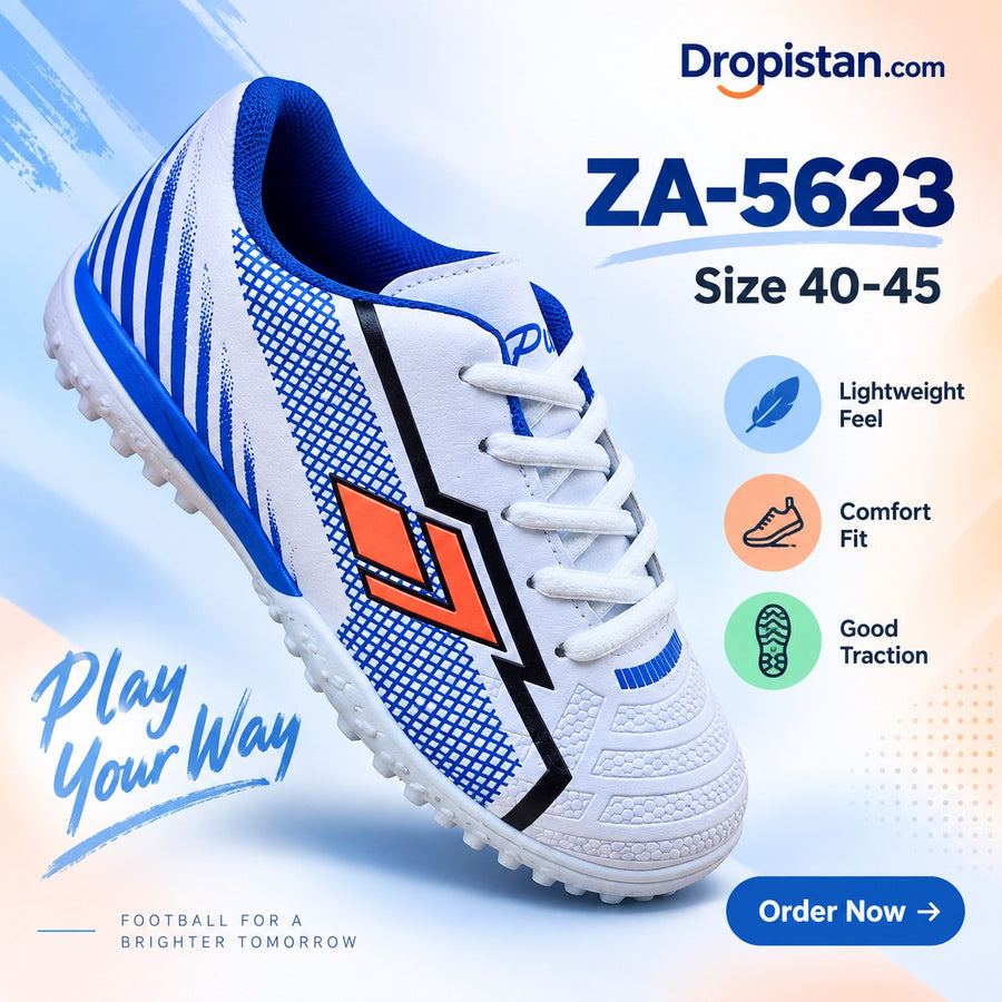 ⚽ ZA-5623 White Blue Orange Football Turf Shoes | EU Sizes 40–45 | UAE