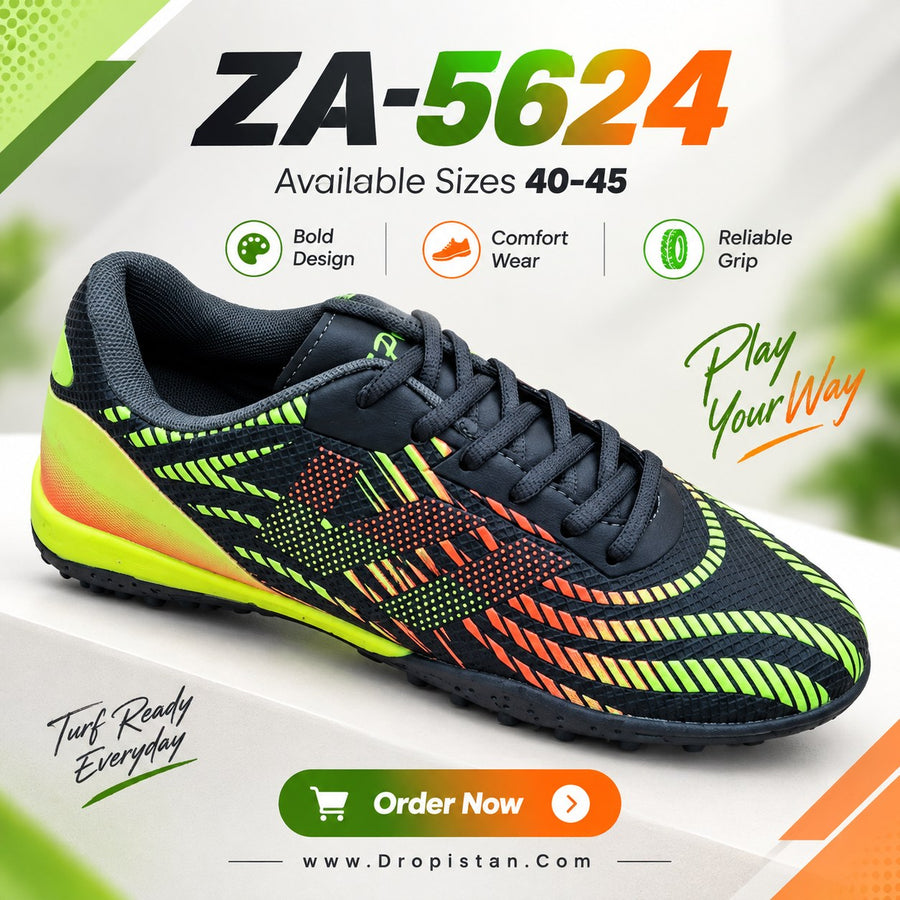 ⚽ ZA-5624 Black Lime Orange Football Turf Shoes | EU Sizes 40–45 | UAE