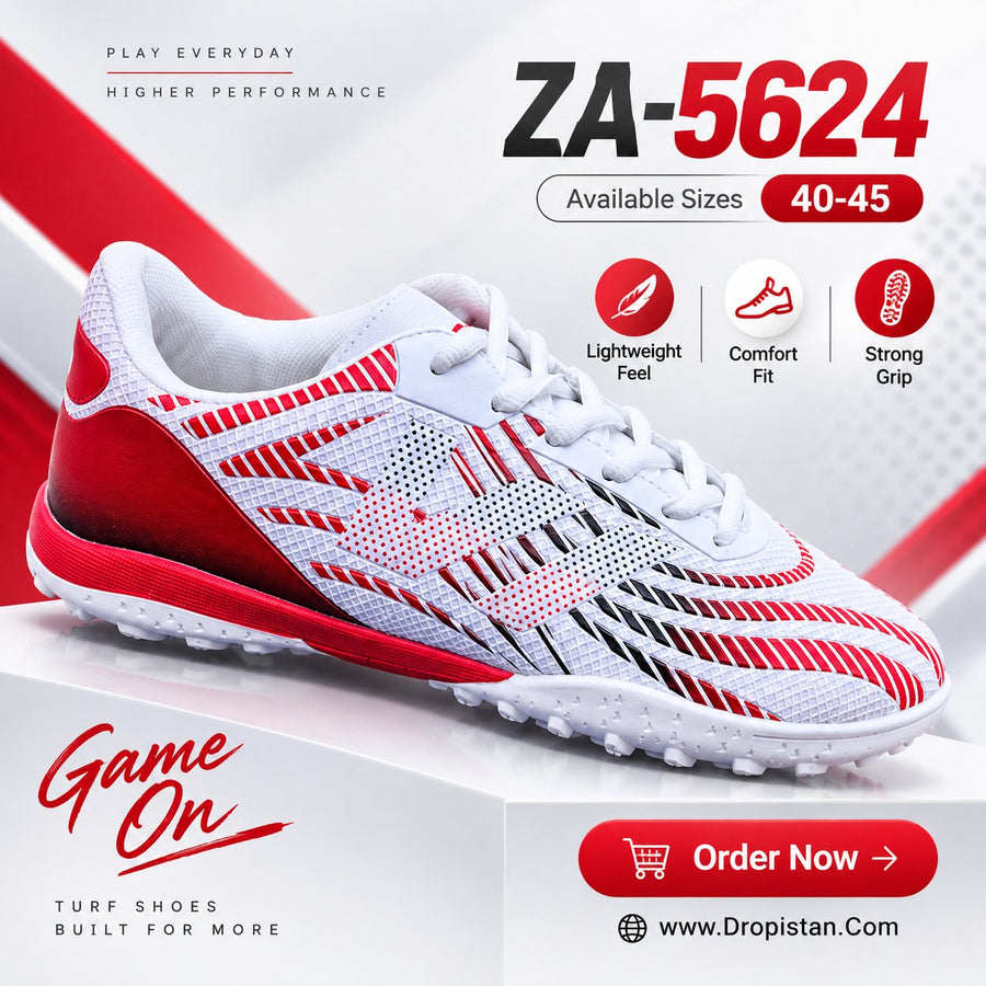 ⚽ ZA-5624 White Red Football Turf Shoes | EU Sizes 40–45 | UAE