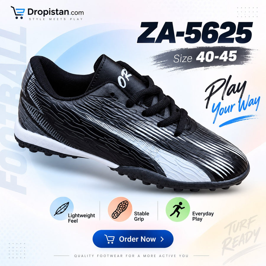 ⚽ ZA-5625 Black White Football Turf Shoes | EU Sizes 40–45 | UAE