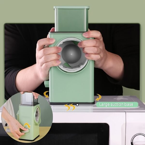 Nirva Multi-Purpose Rotary Cheese Grater with 3 Interchangeable Stainless Steel Blades, Hand Crank Vegetable Chopper, Powerful Suction Cups - Image 3