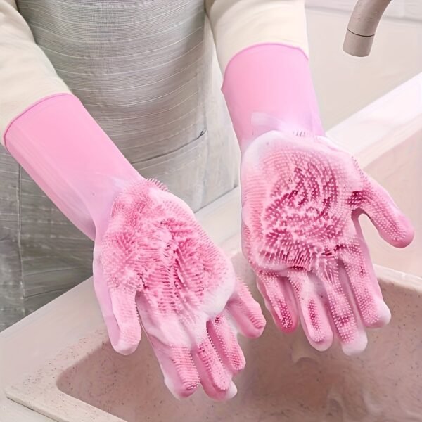 [Pink|Blue Dishwashing Gloves] Durable Silicone Imitation Leather Pair of Pink And Blue Housekeeping And Kitchen Dishwashing Gloves | Household Waterproof Washing, Washing Vegetables, Dishwashing, Cleaning Tools, Kitchen Dishwashing Gloves, Thickened, Hard-Wearing