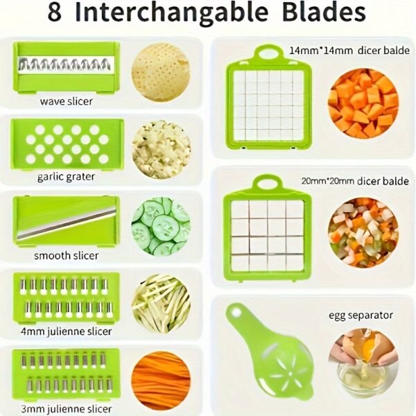 [Multifunctional Chopper] 16-in-1 Multifunctional Vegetable and Onion Chopper | Food Grade Cutting Machine with Drain Basket, Carrot and Garlic Chopper with Container - Ideal for Home and Restaurant Use, Kitchen Essentials, Modern Kitchen Tool, Durable Plastic Construction - Image 10