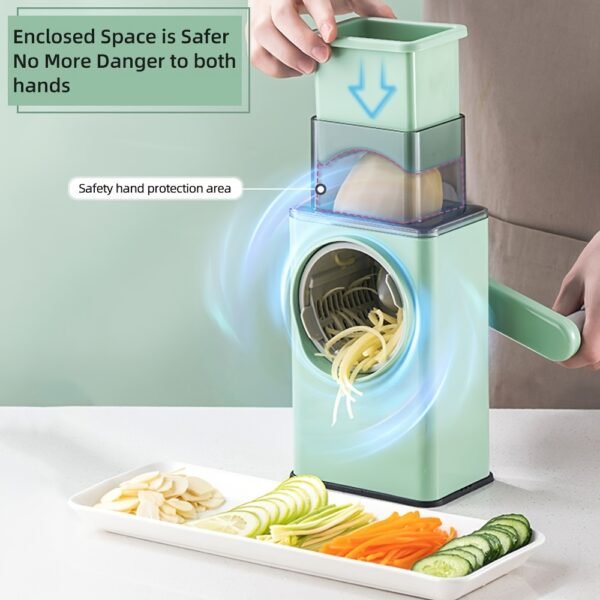 Nirva Multi-Purpose Rotary Cheese Grater with 3 Interchangeable Stainless Steel Blades, Hand Crank Vegetable Chopper, Powerful Suction Cups - Image 6