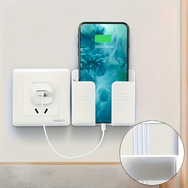 1pc Wall Mounted Phone Holder, Adhesive PC Material, No Drilling, Remote Control Storage, Made of Other Plastic, for Bathroom, Kitchen, Hotel Bedside - Smart Phone Charging Station - Image 3